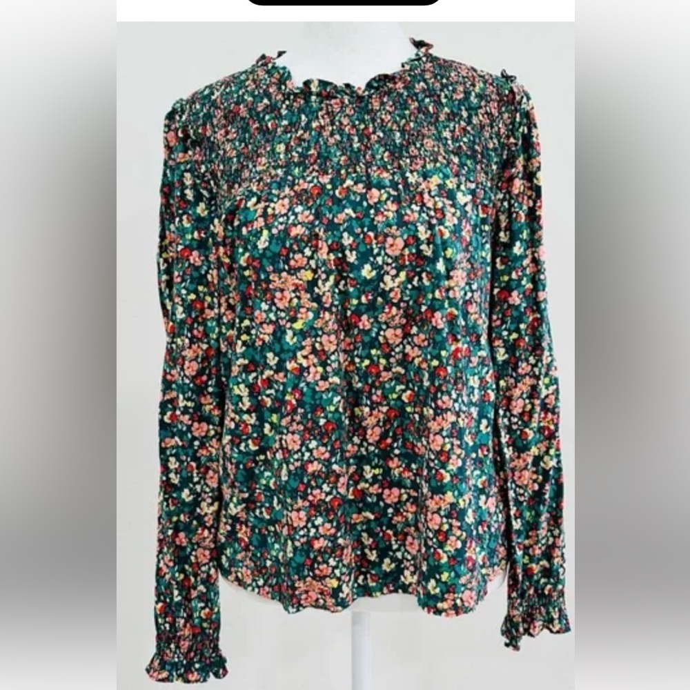 J. Crew Factory Black and Blue Ruffled Smocked Blouse